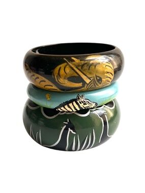 Vintage Hand Painted Jungle Themed Wood Bangle Bracelets